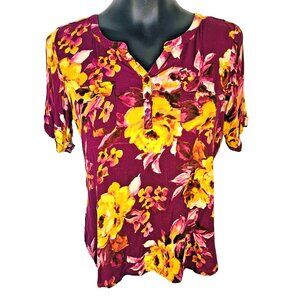 Croft & Barrow Blouse Size M Fuschia Yellow Stretch V-Neck Short Sleeve